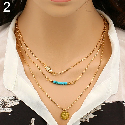 Bluelans Multilayer Gold Chain Beads Hamsa Fatima Hand Charm Necklace | Украшения и аксессуары