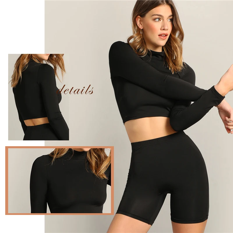 SweatyRocks укороченный облегающий топ и леггинсы, шорты, набор, одежда для активного отдыха, обтягивающие Твердые наряды, Летние черные женские комплекты из 2 предметов