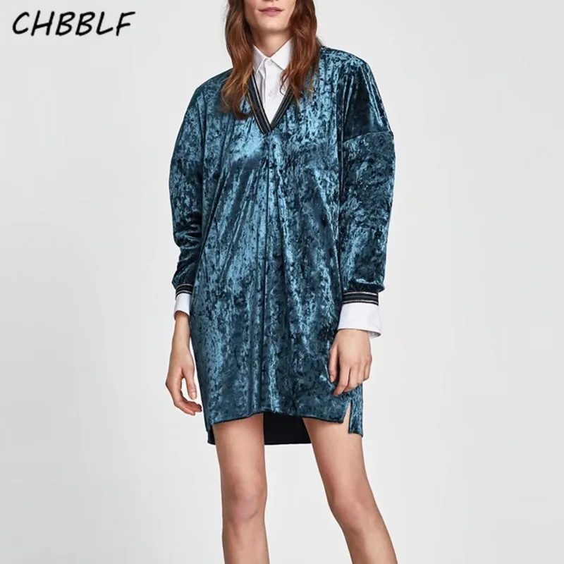 Женские винтажные V шеи бархат свободное платье oversize-Длинные рукава в стиле ретро