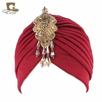 new luxury divas stretchable turban head wrap hat with beaded pendant women headwear
