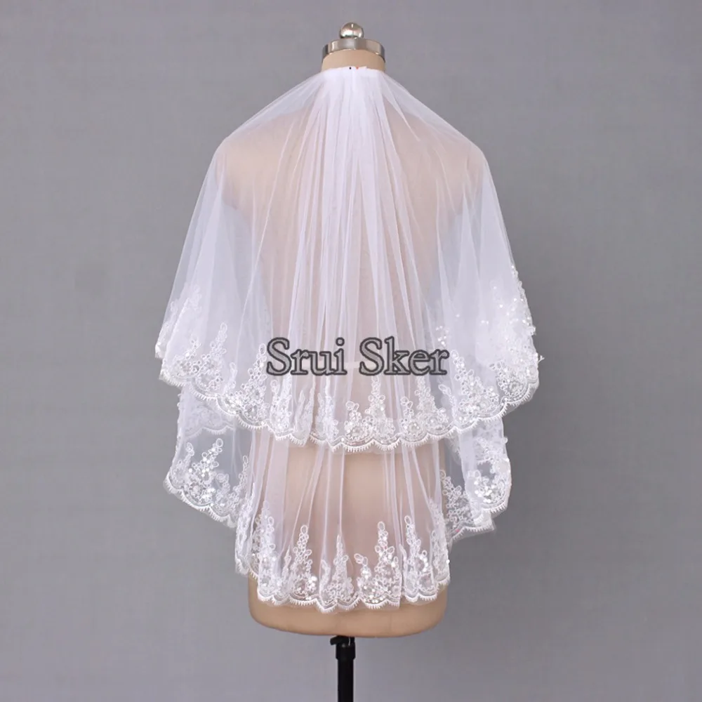 Свадебная фата с гребнем простая короткая блестящая двухслойная белая или