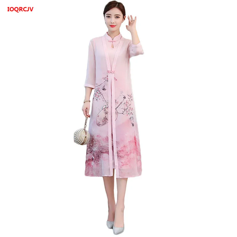 

2019 New Chinese Style Cheongsam Dress Leisure Vietnam Womens Chiffon Dress Two-piece Suit lady elegant Dress Plus Size 3XL W759