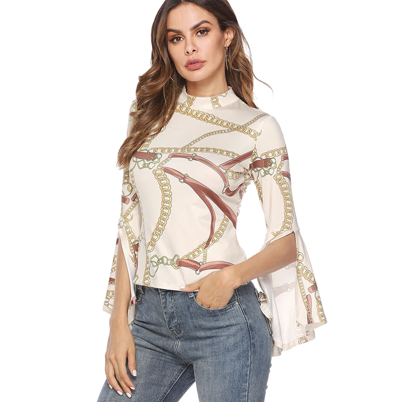 

2018 Autumn Floral Blouse Women Tops Flare Sleeve Shirt Women Ladies Office Blouse Korean Fashion Blouse Korean Fashion Tops