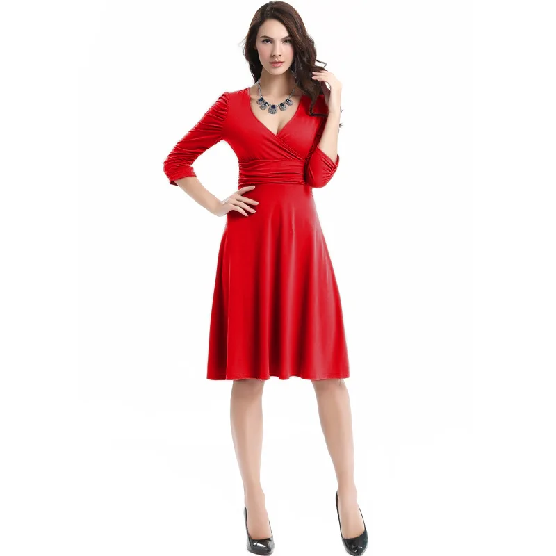 Женское платье с высокой талией осеннее длинным рукавом и глубоким треугольным