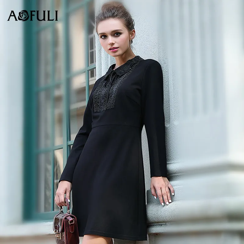 AOFULI бренд L 3XL 4xl 5xl плюс размер платье 2017 Зима Женское с длинным рукавом
