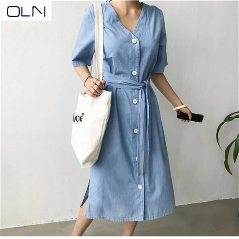 Vestidos корейское платье OLN Новое шикарное легкое голубое женское с v-образным