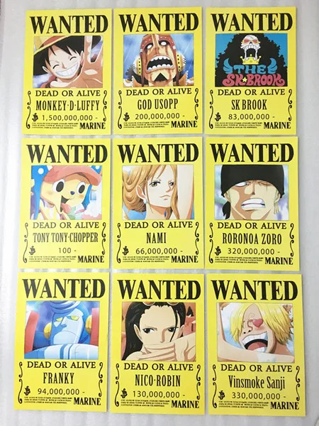 10 шт./партия ONE PIECE Wanted постеры новейший аниме постер ONE PIECE Луффи Эйс джинбе нами и Чоппер Робин Зоро Санджи Усопп игрушки франки - Цвет: 9 PCS Wanted 42x29cm