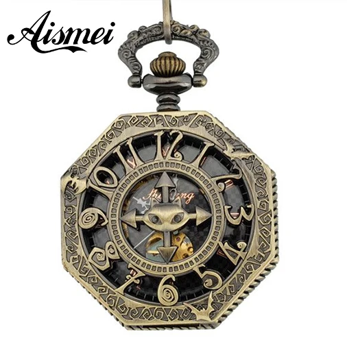 15pcs/lot New Steampunk Personalized Octagonal Bronze Steel Skeleton Pocket Watch Arabic Reloj De Bolsillo Men Lady FOB Watch