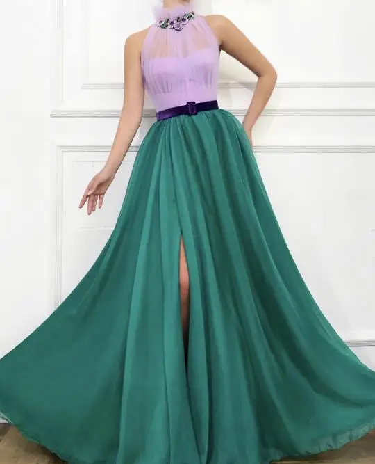 same as pictures Сиреневый зеленый Холтер шеи линия вечернее платье Robe De Soiree размера плюс высокий разрез Vestidos De Fiesta De Noche Формальное вечернее платье - Цвет: same as pictures