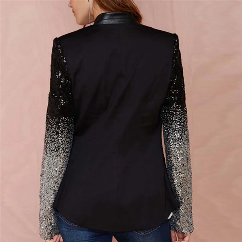 

4XL Women Thin Jacket Coat Spring Autumn Long Sleeve Lapel Fashion Silver Black Sequin Elegant Slim Work Blazers Suit Feminino