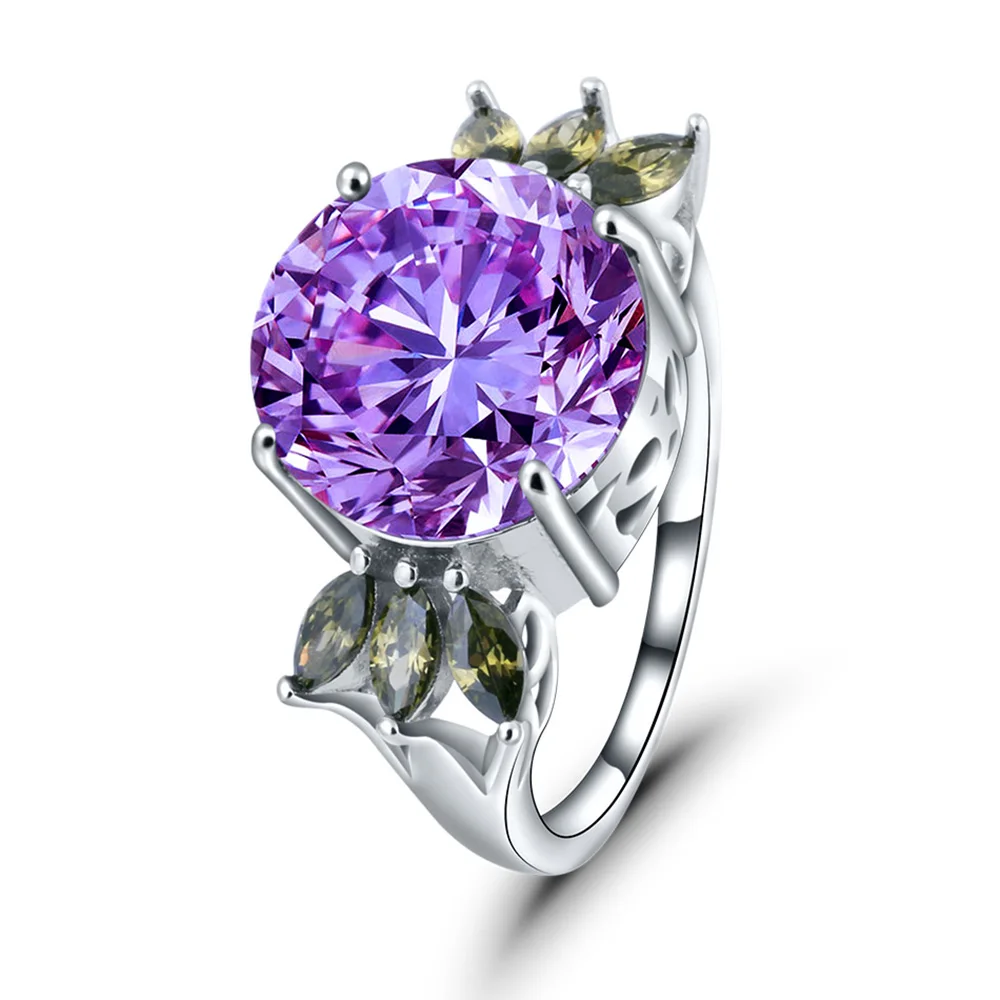 

2023 Purple Crystal Rings Both Sides Six Green leaves 14mm CZ Wedding Engagement Rings For Women Ring As Anniversary Anilos