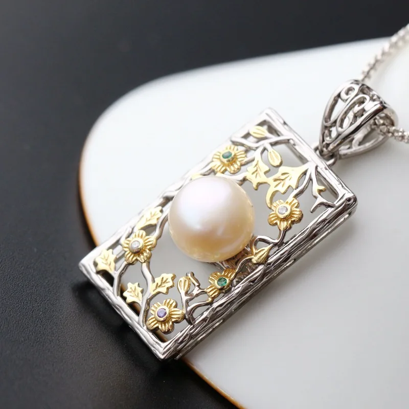 ancient ways is hollow-out decorative pattern 925 sterling silver pendant Handmade with natural pearl silver pendant