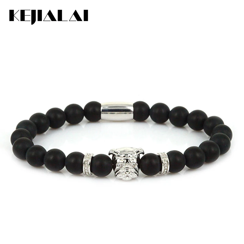 KEJIALAI Lucky Gem 2018 Fashion Men Jewelry Bulldog Charm Bracelet Women 8mm Black Stone Beads Pulseras Masculina Mantra Prayer | Украшения