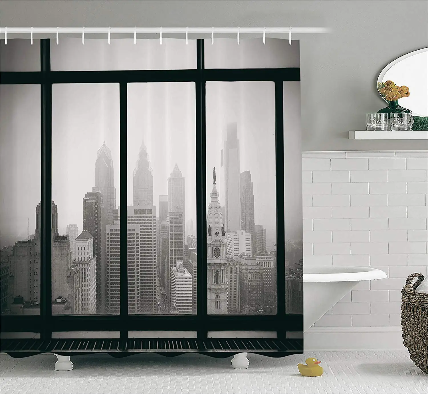 

USA Shower Curtain Philadelphia City Rooftop Window View Skyline Landmark Rooftop Travel Cityscape Artsy Print Bathroom