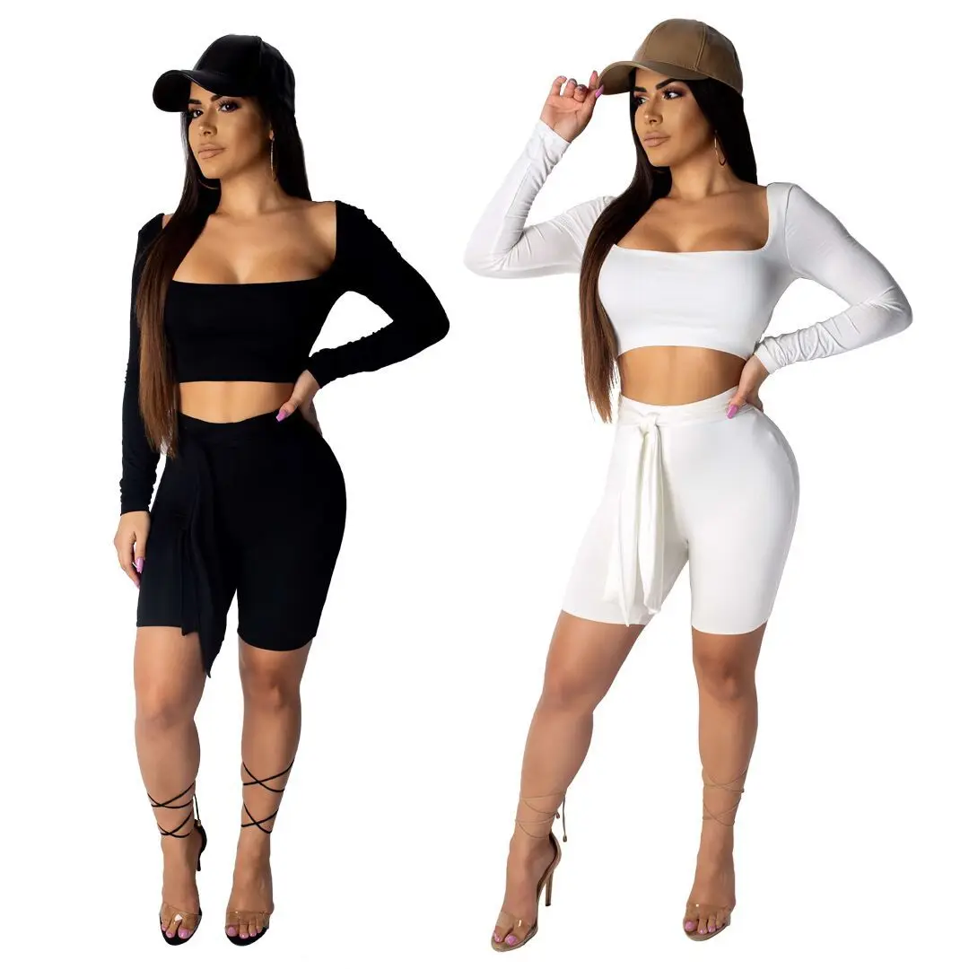2019 Women Long Sleeve Crop Top Knee Length Skinny Pants Bodycon Sexy Two Piece Beach Holiday Tracksuit Outfit Set 2 Color YS255 | Женская