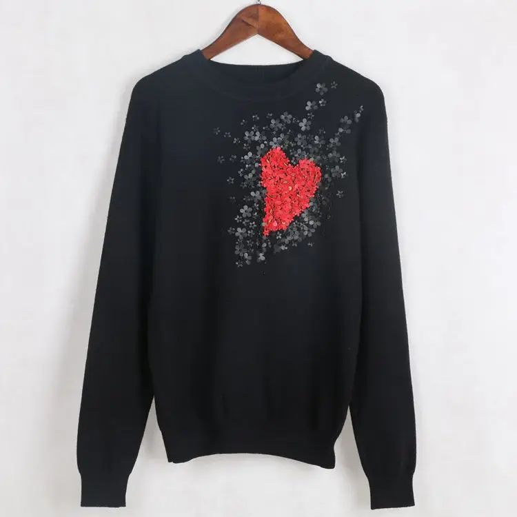 2019 Winter Heart Flower Appliques Sweet Black White Knit Sweater Women Luxury Long Sleeve Female Pullover Jumper ChristmasTop | Женская