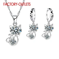 925 sterling silver cubic zirconia wedding jewelry sets cz crystal cute animal cat necklace earrings female club party