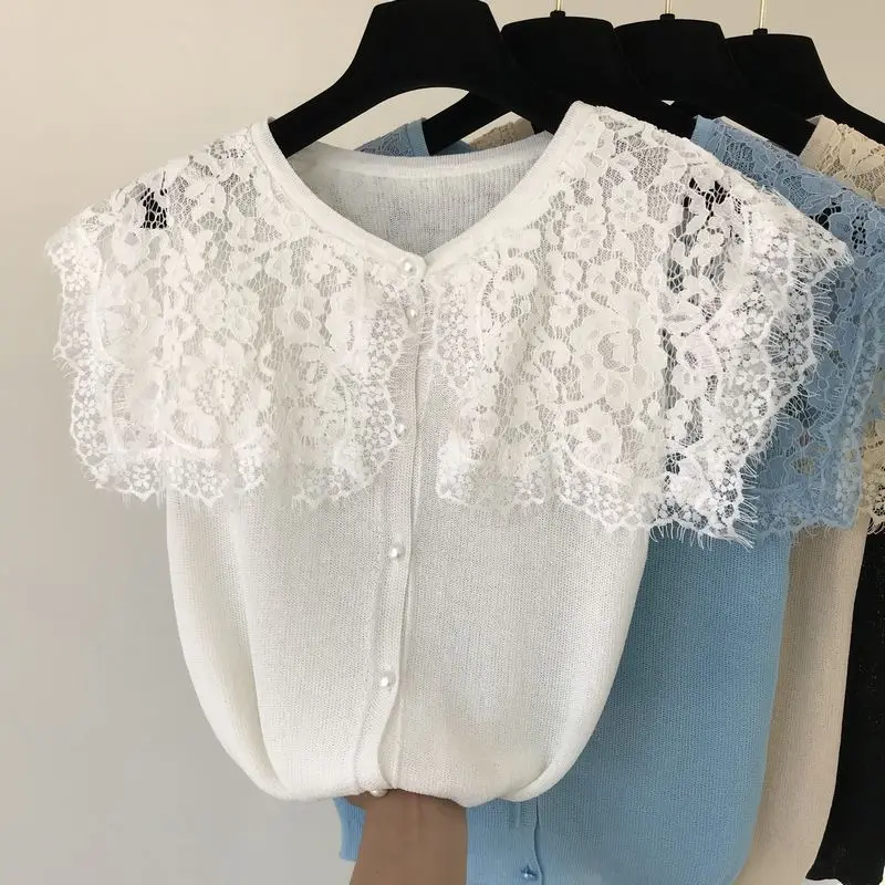 ALPHALMODA Летний Женский вязаный кардиган с кружевным воротником, однобортный кружевной кардиган в стиле пэчворк, милая Повседневная летняя одежда