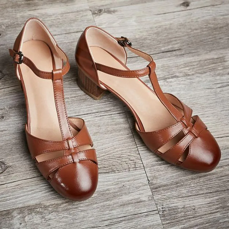 spring and summer new cow leather High heels buckle Crude heel round head retro sandals Female mid heel women's shoes