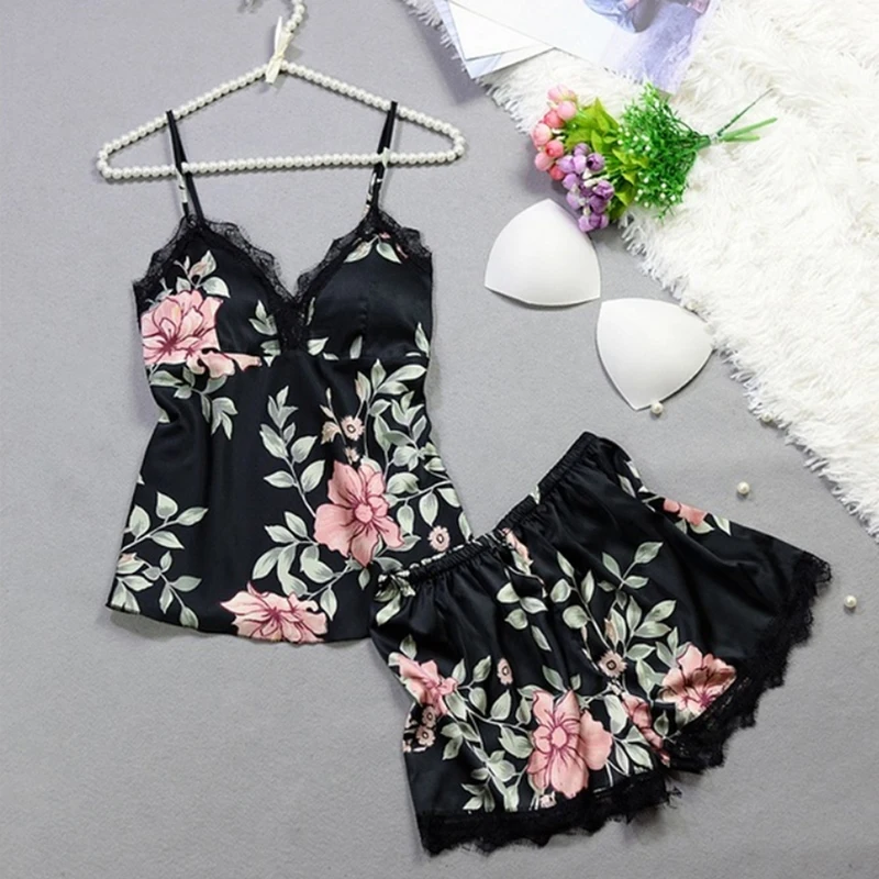 

Sleep Lounge Pajama Set Sexy Sleepwear Women Summer Pyjama Femme Fashion Floral Print Pajamas for Women with Chest Pad