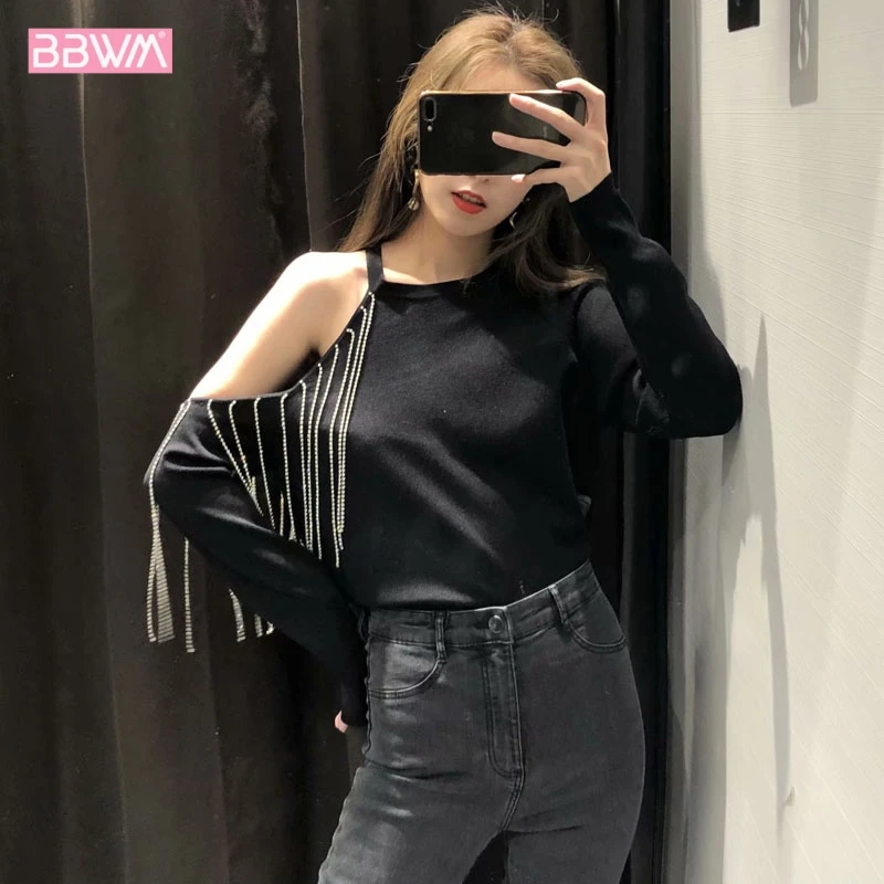 Новые весенние off the shoulder яркий полые кисточкой Длинные Рукава Диких пуловер