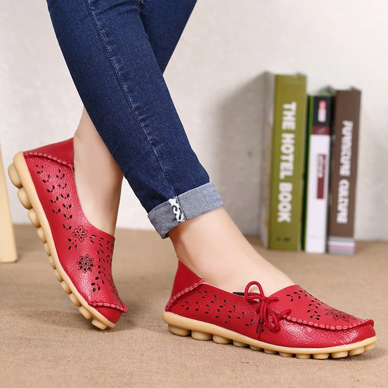Red Flats Women Genuine Leather Shoes Woman Autumn Flat Shoes Women Loafers Slip On Moccasins Sapatos Feminino Casual Shoes - Color: Red