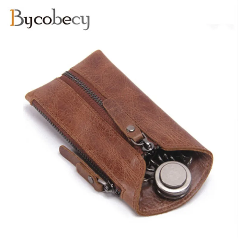 

BYCOBECY Vintage Genuine Leather Key Wallet Crazy Horse Zipper Key Case Bag Men Key Holder Housekeeper Keys Organizer