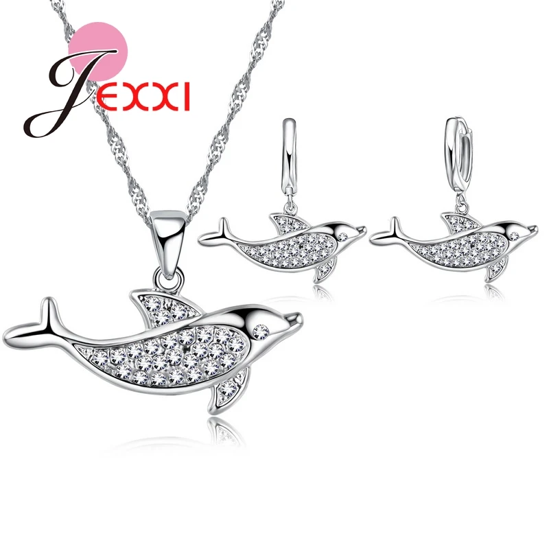 Female Best Gifts Cute 925 Sterling Silver CZ Crystal Stone Dolphin Earring Necklace Sets Women Girl Party Accessories | Украшения и