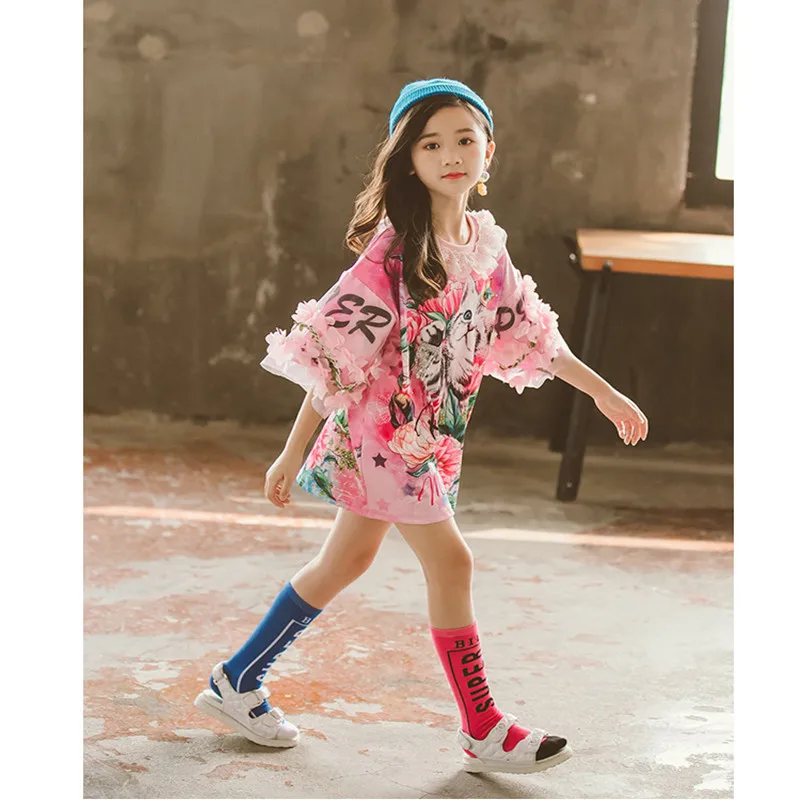Cute Long T shirts Petals Collar Lace Sleeve Flower Print Cartoon Cat Summer Girls Clothing Dress 4 to 15 years | Детская одежда и
