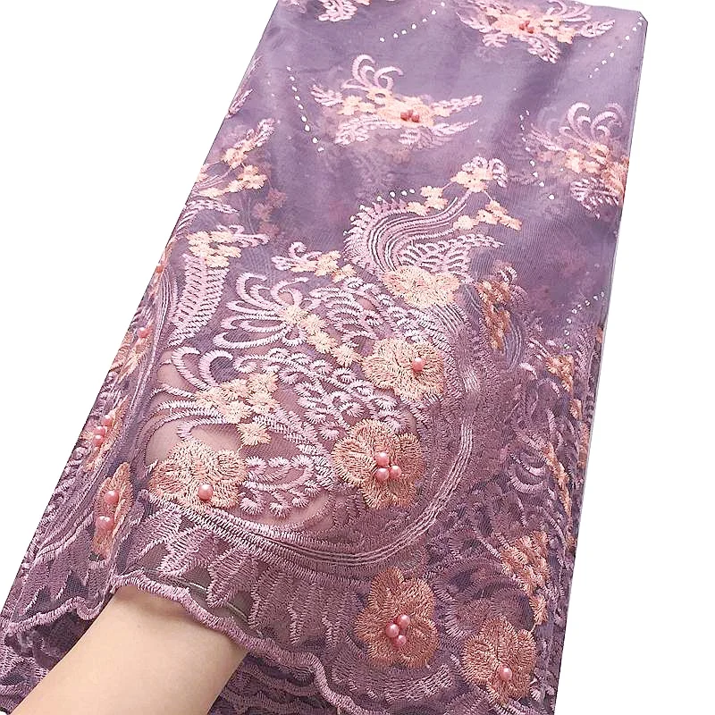 

3D Latest Beaded French Lace Fabrics 2020 African Tulle Lace Fabric Magenta Fushia Pink Cord Net Luxury Lace Fabric 5 Yards