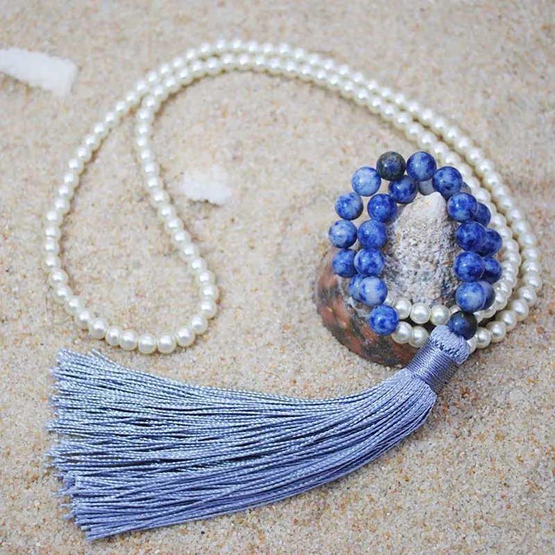 Yumfeel Brand New Long Beaded Tassel Necklace 18 Colors Natural Stone Necklace Women Jewelry Gifts Beach Crystal Quartz - Окраска металла: Blue dot stone