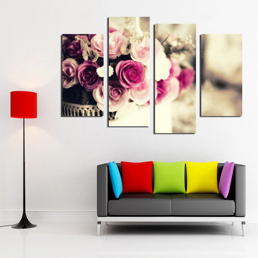 4 Piece Wall Art Modern Acrylic Flower Colorful roses Oil Painting On Canvas Paintings modular pictures Home Decor F18829 | Дом и сад