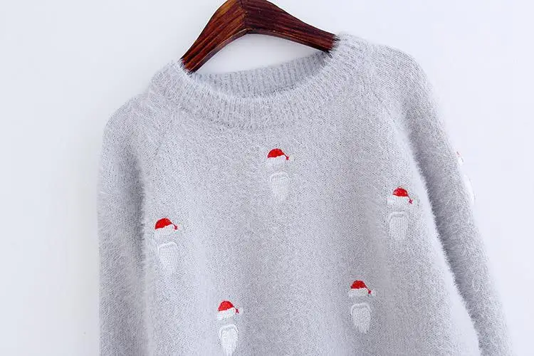 Autumn winter hollow out Santa Claus printed single color solid patch girls cashmere knitted mohair sweater women warm lace tops | Женская