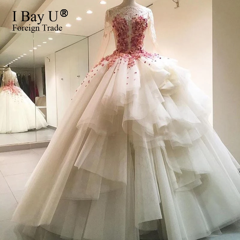 IBU New Arrival Full Long Sleeve Lace Vintage Rose Petal Princess Wedding Dresses Arabic Ball Gowns Bridal Appliqued Muslim Pink