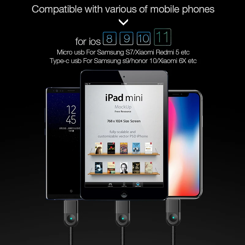 USB-кабель Cafele 3 в 1 для iPhone кабель Micro USB Type C со светодиодной подсветкой провод