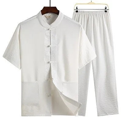 White suit Sheng Коко Для мужчин; униформа для тайцзи костюм для выступлений человек Стенд куртка с коротким рукавом костюм Pankou Mianma удобные китайский Комплекты одежды - Цвет: White suit