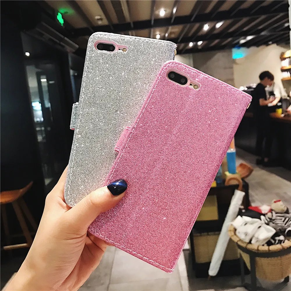 Роскошный кожаный чехол с блестками для телефона iPhone 6 6s Plus 7 8 X 10 розовый откидной