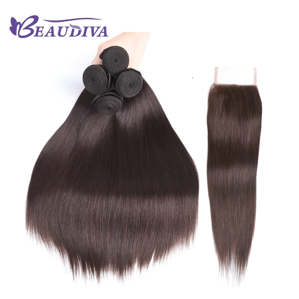 BEAUDIVA предварительно окрашенные человеческие волосы с закрытием 4*4 три пряди с закрытием 2#4# темно-коричневые бразильские прямые человеческие волосы