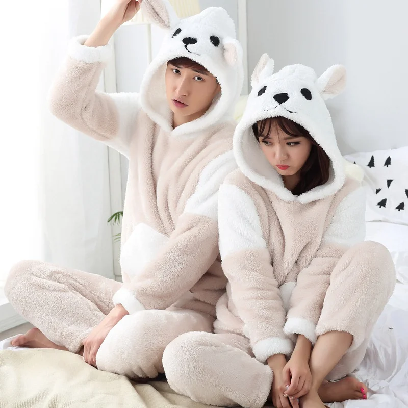 JINUO New Arrival 4 Styles Winter Young Couples Coral Fleece Thicken Pajama Sets Lovers Cartoon Warm Soft Home Wear Sleepwear | Мать и