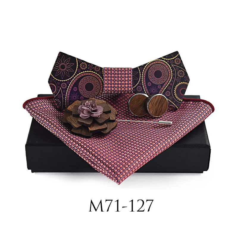 

Fashion Wooden Bowtie Set Handkerchief Cufflinks Tie For Men