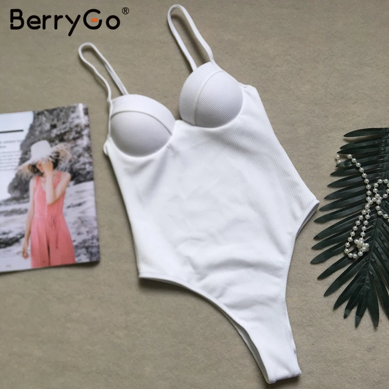 BerryGo, сексуальный цельный купальник, женский, на тонких бретельках, стринги, женское бикини, купальник, пуш-ап, пляжный, Одноцветный, летний купальник - Цвет: Белый