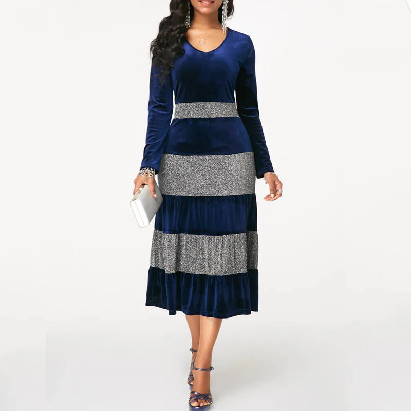 2019 модное женское осенне зимнее бархатное платье больших размеров Элегантные