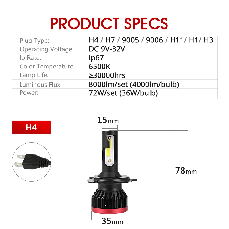 Oslamp H4 Автомобильный светодиодный фары для H7 H11 H1 72 W 6500 к 8000lm моноблочные