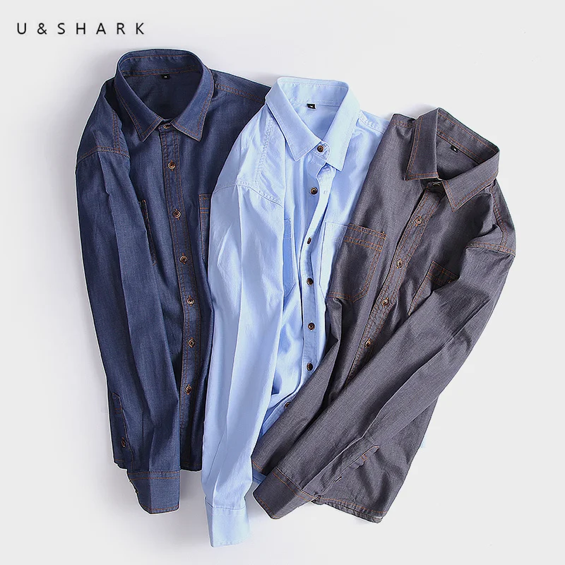 U& SHARK,, осенняя джинсовая рубашка, Мужская блузка, приталенная, винтажный стиль, ШАМБРЕ, рубашка, мужская, длинный рукав, хлопок, деним, рубашки, Повседневная