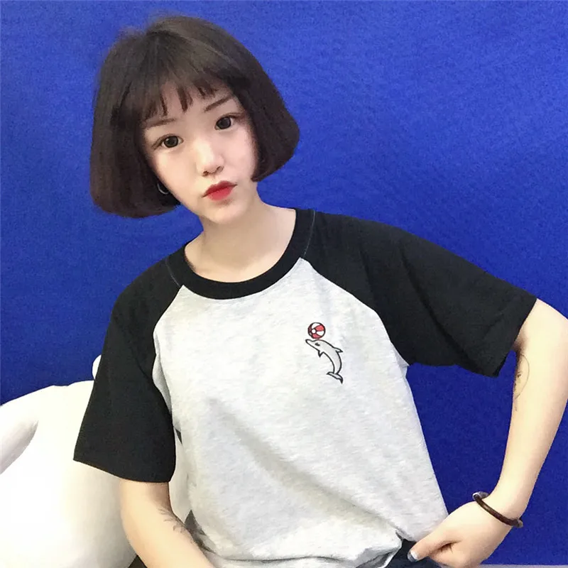Женская Япония Ulzzang Harajuku вышивка футболка с дельфином Студенческая женский