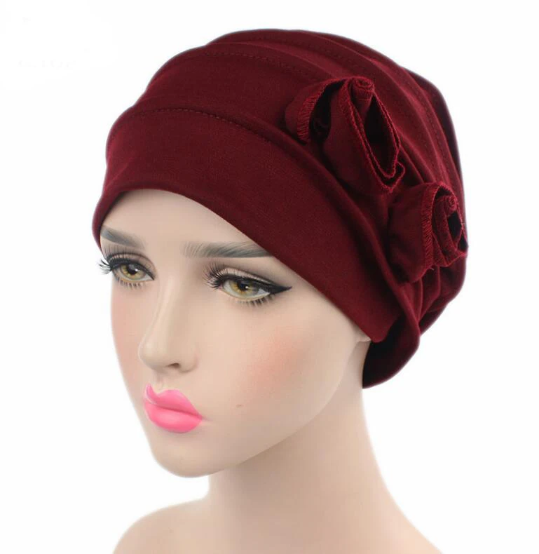 wine red Модные женские шапки, два цветка, женские шапки бини, шапки тюрбан, Skullies, аксессуары для волос, бандана, покрытие для волос, шляпы для химиотерапии - Цвет: wine red