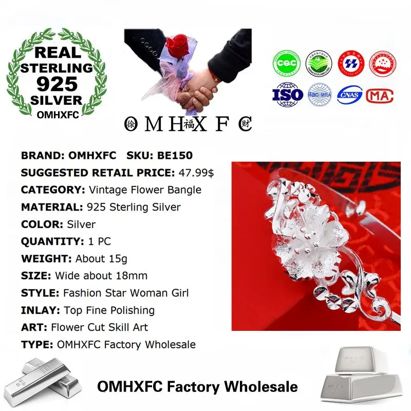 Фото Оптовая продажа женских браслетов OMHXFC в европейском стиле, винтажные браслеты из стерлингового серебра 925 пробы с цветочным принтом BE150 №3