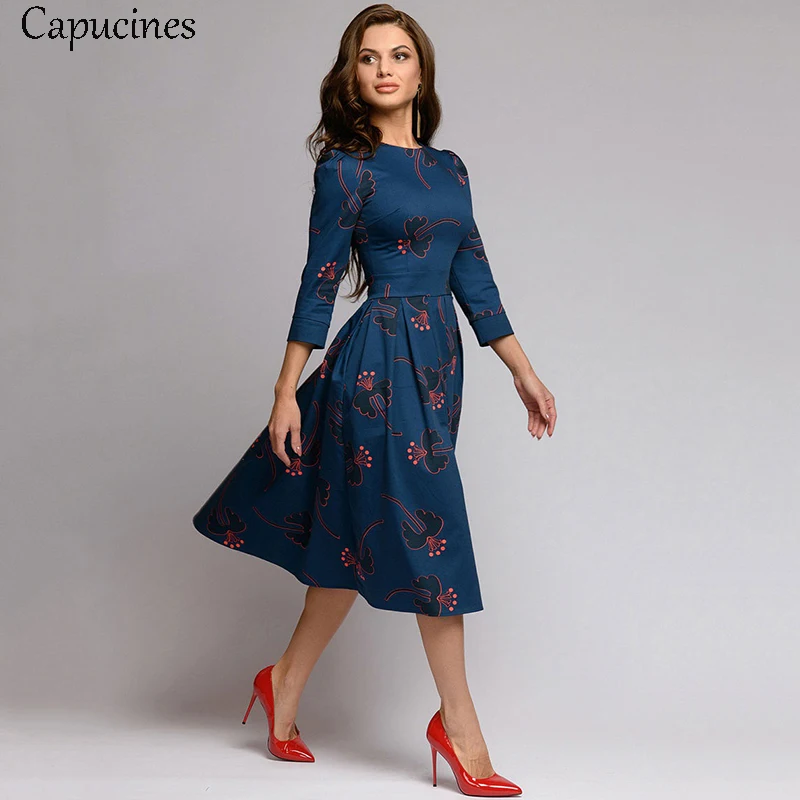 Capucines Темно-синее платье Рукава 3/4 напечатанный Платье женское весна лето марочный карманный A-линии Повседневная Платье Elegent Бальные платья