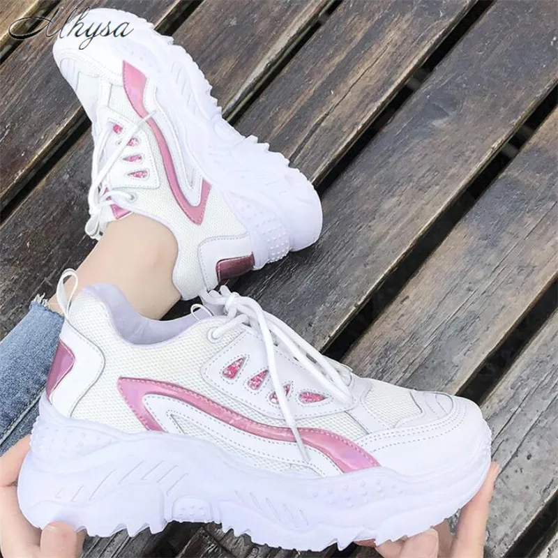 Розовый Mhysa Women Sneakers Fashion Casual Shoes Woman Comfortable Breathable Mesh Flats Female Platform vulcanized shoes T1092 - Цвет: Розовый