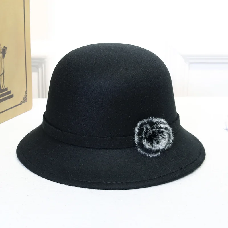 Зима осень Имитация шерсти Fedoras Женская джазовая шляпа европейские американские круглые шапки шляпы Bowler - Цвет: 4